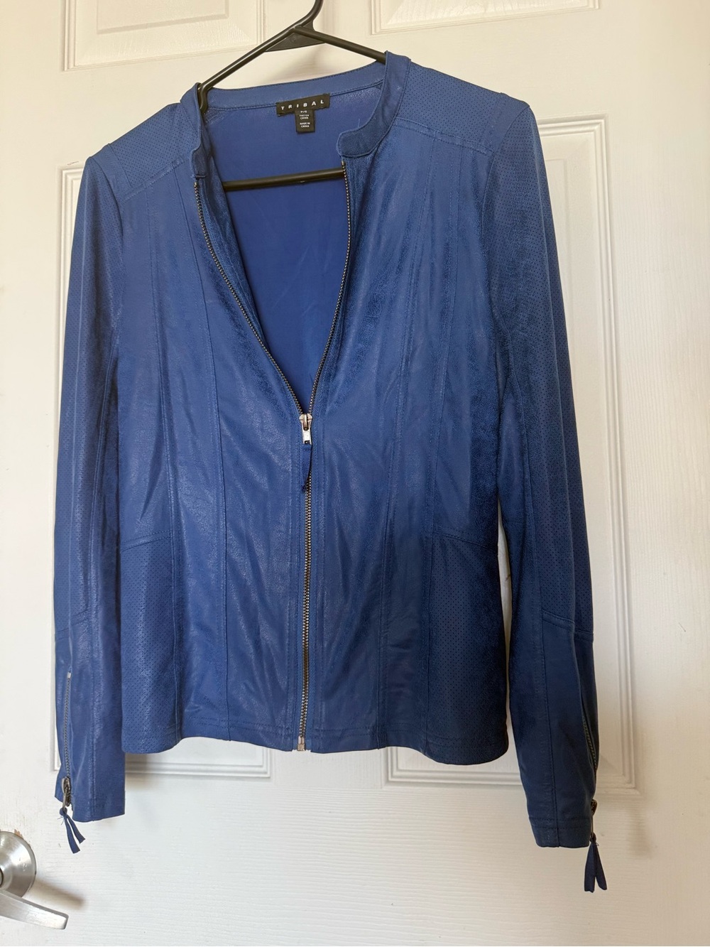 Tribal Blue Leather Zip-Front Jacket